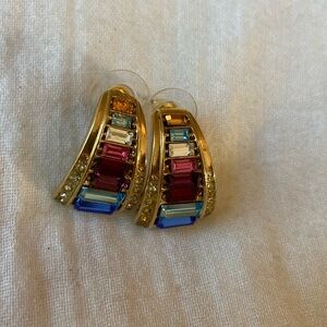 Rainbow‎ Colored Baguette Cut Crystals Earrings Gold Tone
